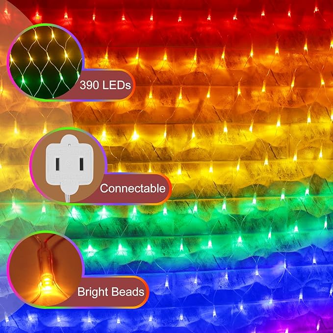 Pride Flag Outdoor Decorations, 6.6x3.3 FT LGBTQ Rainbow LED Net Lights, 390LED Waterproof Connectable Garden Lights for Pride Month, Room, Yard, Party, Office