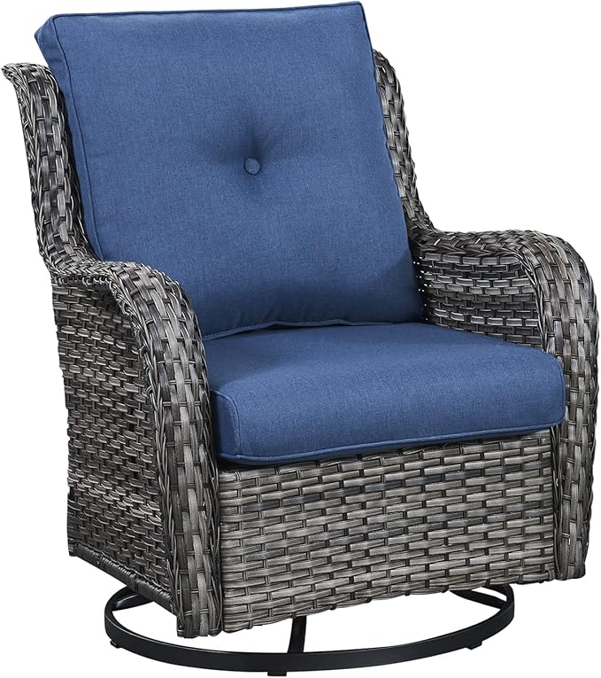 Outdoor Patio Swivel Rocker Chairs - Single Wicker Rattan Patio Swivel Rocking Chair with High Back,Deep Seating and Comfort Cushions for Deck Porch Garden,Mixed Grey/Blue