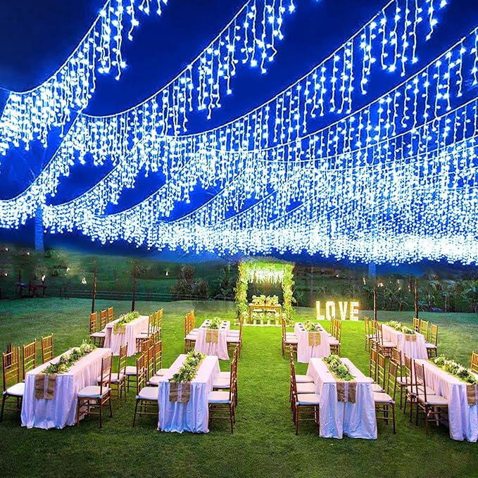 Christmas Icicle Lights Outdoor, 98FT 1216 LED Icicle String Lights with 8 Modes 228 Drops, Curtain Twinkle Lights for Bedroom House Holiday Party Wedding Decorations, Blue