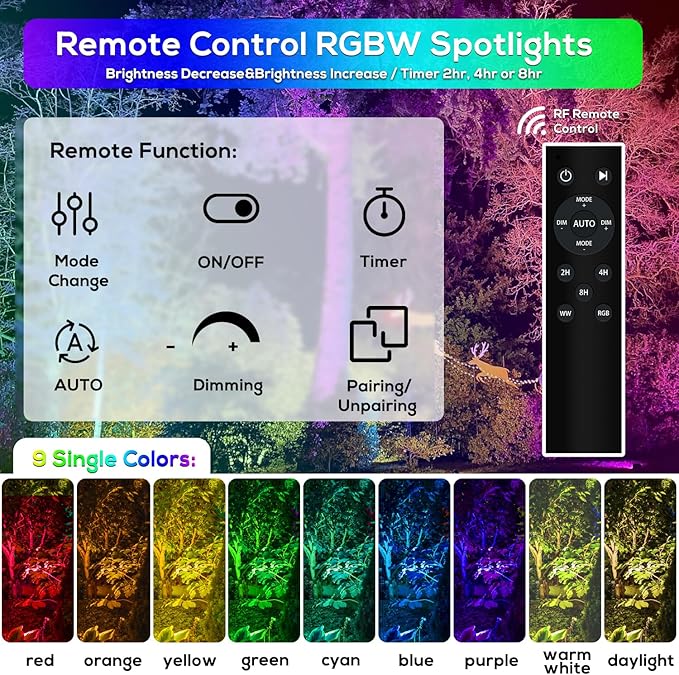 ZYAN Solar Spotlights Outdoor, Solar Landscape Lights with Remote Control, RGBW Colored Spot Lights for Yard, Garden, Lawn, Plant, Tree, Pool Areas, Auto On/Off, Dimmable & Waterproof (4 Pack)