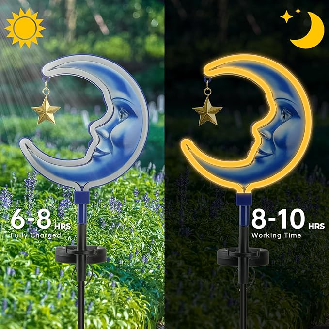 Solar Outdoor Garden Lights - Outdoor Decor Moon Neon Lantern for Patio,Solar Powered Pathway Lights Outdoor Decorative Lights Waterproof Led Landscape Lighting for Pathway,Yard,Lawn(2 Pack)
