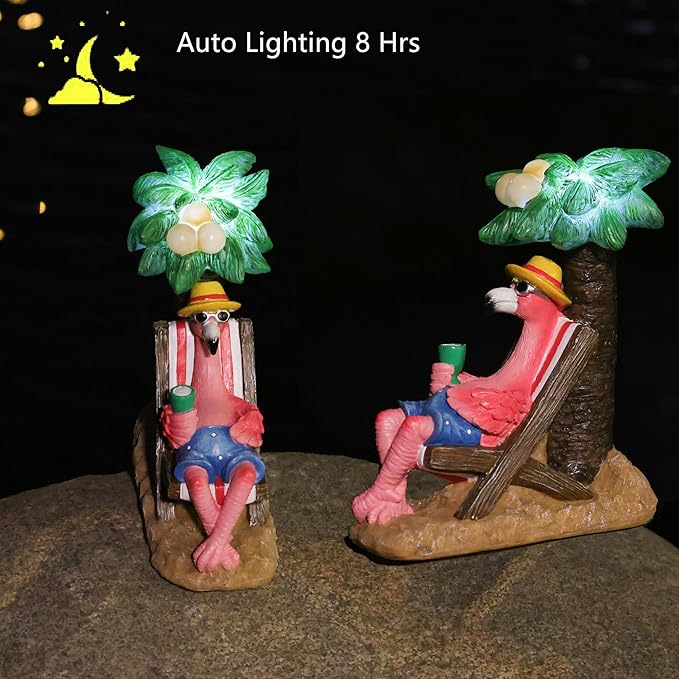 Pink Flamingos for Yard-Solar Statues Outdoor Garden Gifts - Flamingos on Beach Vacation Light up Coconut Tree for Outdoor Lawn Yard Decor