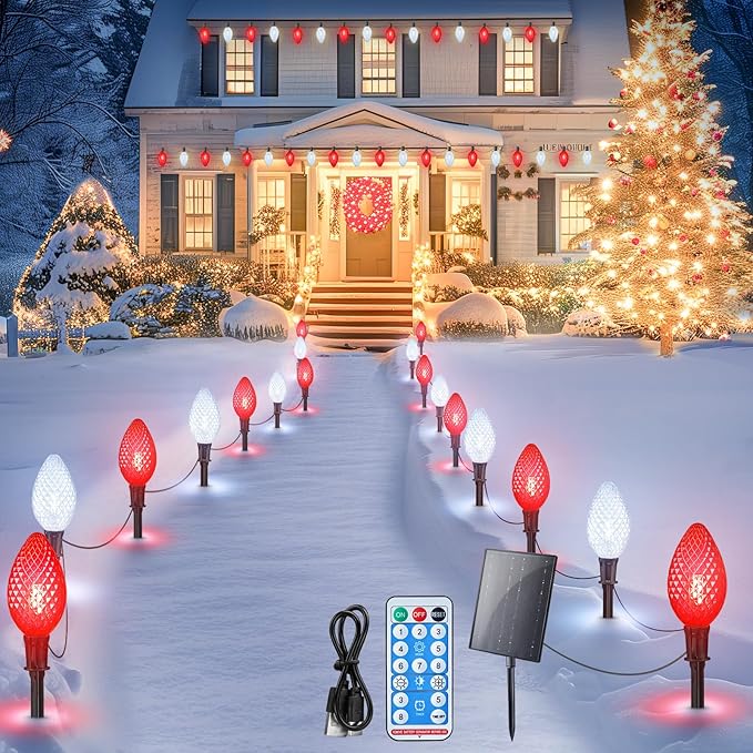 Minetom Solar Double C9 Strawberry Pathway Lights - 16FT 10 LED C9 Christmas Lights with Timer, 8 Modes, Solar Christmas Outdoor Decorations for Lawn Outside Walkway, Red & White