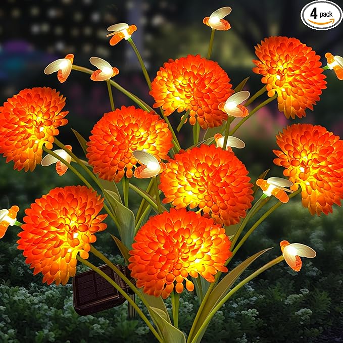 Solar Garden Lights, 4 Pack Swaying Bee Lights With Flowers, Waterproof Firefly Lights Outdoor for Garden Patio Yard Pathway Fall Decoration, Gifts for Women Mother's Day