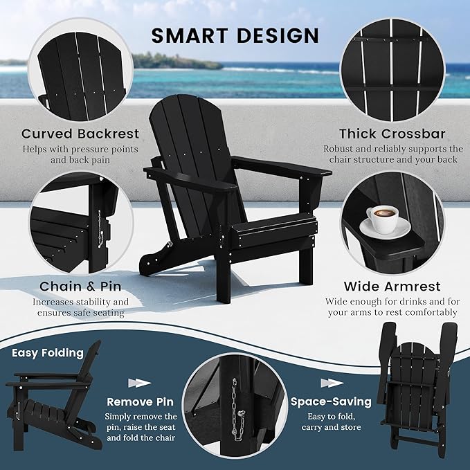 Westin Outdoors Laguna WO Home Furniture Adirondack Chair 4 PC Set Classic Outdoor Patio Folding Chair for Bon Fire Pit Lawn Backyard Beach Plastic Weather-Resistant (Black)