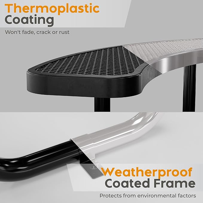 Metal Picnic Tables for Outdoors with Umbrella Hole - Coated Steel Heavy Duty Commercial Grade Table with Adjustable Seats (Black, 46 in, Round, Expanded Steel)