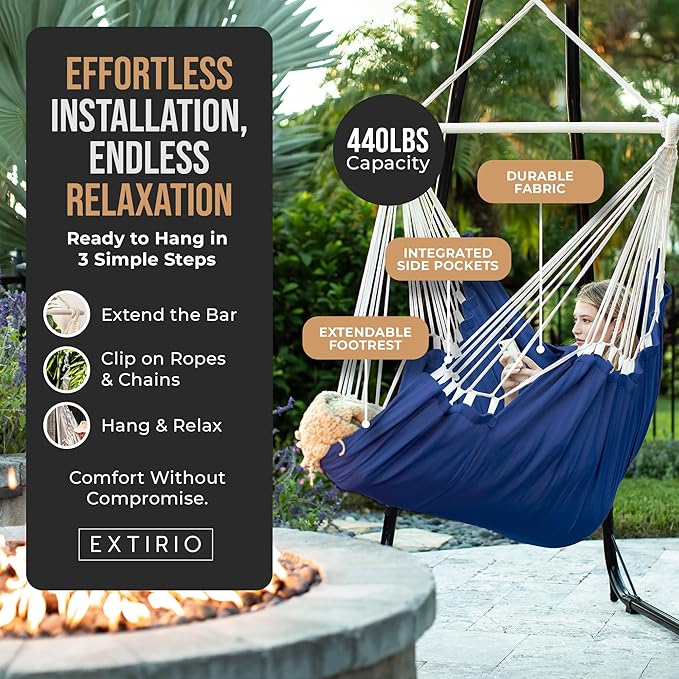 Hanging Hammock Chair Swing – Hanging Chair Outdoor & Indoor - Hammock Swing Chair – Quick & Easy Setup with Hardware Kit – Durable & Spacious Full Body Support – Holds 440 Lbs