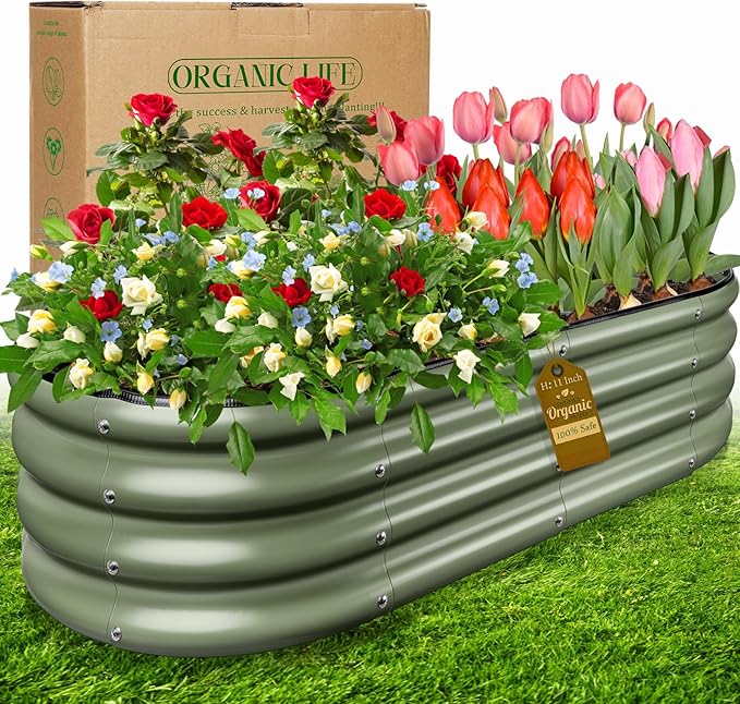 Olive Green 4x2x0.9ft Raised Garden Bed, Deep Metal Garden Bed, Large Galvanized Raised Garden Beds Outdoor, Raised Planter Box Kit for Vegetables, Flowers, Fruits