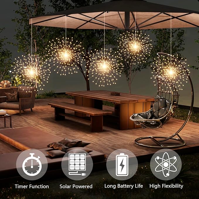 5 Pcs 1000LED Solar Starburst Sphere Lights,Firework Lights Remote Control Timer 8 Modes Dimmable Waterproof Hanging Fairy Lights, Sparkly Lights for Patio Garden Tent Outdoor(Warm White)