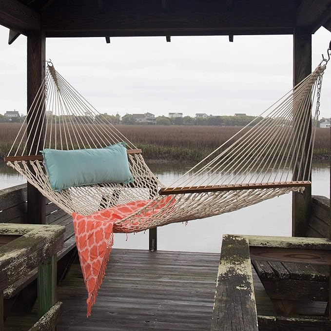 Original Pawleys Island 13DCOT Large Oatmeal DURACORD Rope Hammock with Free Extension Chains & Tree Hooks, Handcrafted in The USA, Accommodates 2 People, 450 LB Weight Capacity, 13 ft. x 55 in.