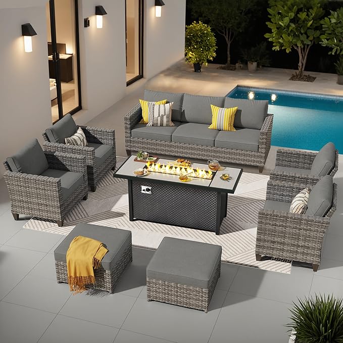 ovios 8 Pieces Patio Furniture Set with 54" Fire Pit Table, Outdoor Wicker Sofa with Comfy Cushions, All Weather High Back Rattan Couch Conversation Set, Dark Grey