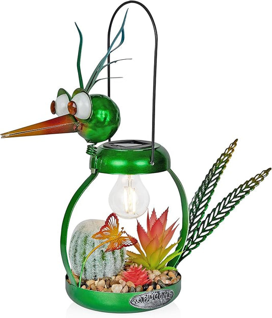 Alpine Corporation LYT292SLR-HH Solar-Powered Metal Heron w/Garden Enclosed LED Light Decor, Solar Patio Decor, 16''H, Green