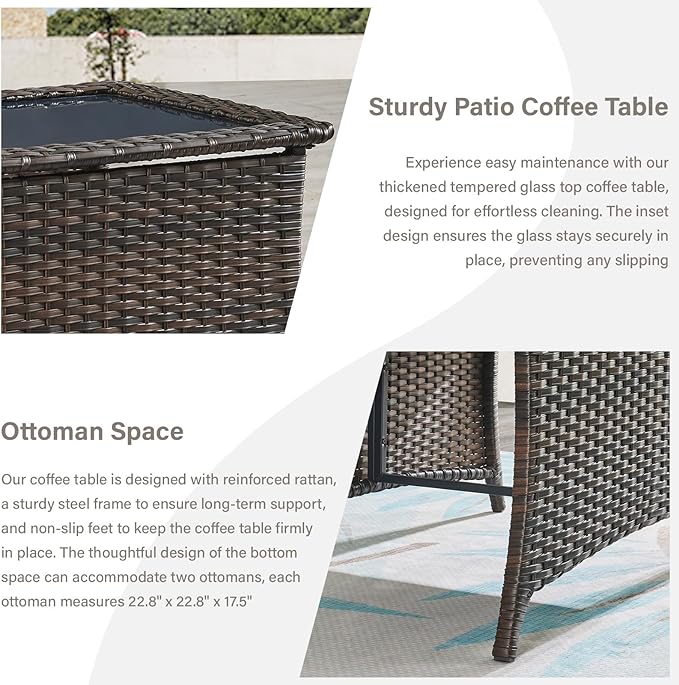 5 Piece Outdoor Patio Furniture Set - Outdoor Conversation Couch and Loveseat Glider Chair Furniture Set with Rattan Coffee Table for Deck Balcony Poolside Brown Wicker/Blue Cushions