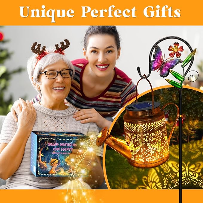 Solar Powered Butterfly Watering Can Lights Waterproof Outdoor Garden Decor with Shepherd Hook Hanging Patio Lights for Yard, Porch, Backyard Perfect Gardening & Birthday Gift for Women, Mom, Grandma