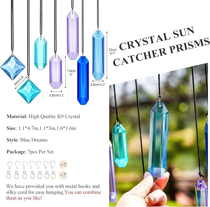 HDCRYSTALGIFTS Crystal Prisms Sun Catchers, 7PCS Blue Dreams Suncatcher Hanging Kit Rainbow Maker Pendant Ornaments for Indoor Window Outdoor Garden Christmas Tree Decor