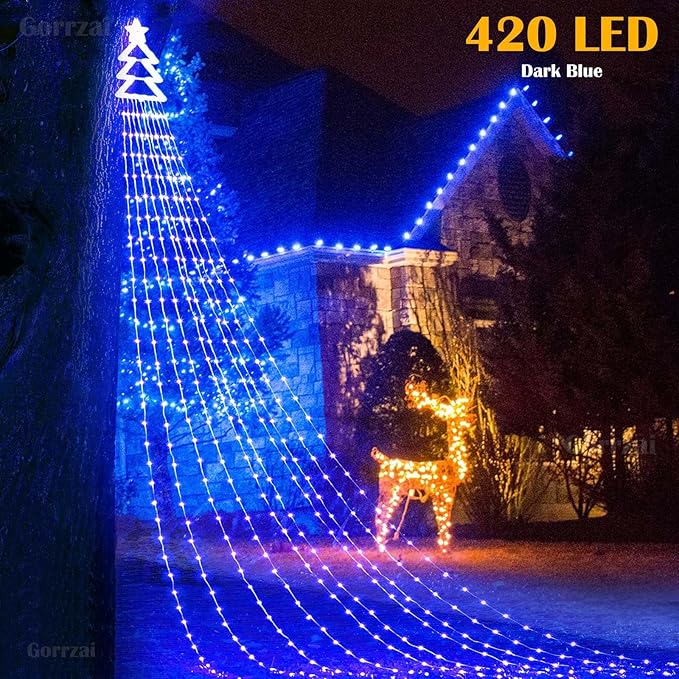 Outdoor Christmas Decorations Star String Lights 420 LED Waterproof Waterfall Lights with Christmas Tree Topper, 8 Lighting Modes Tree for Yard Patio Garden Party (Blue)