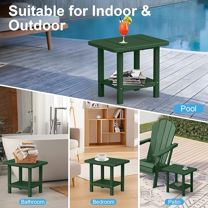 Outdoor Side Table - 2-Tier Storage All Weather Outdoor End Table for Patio - HDPE Morden Easy Maintenance Adirondack Side Table for Pool Porch Balcony Garden Lawn Backyard Outside Indoor