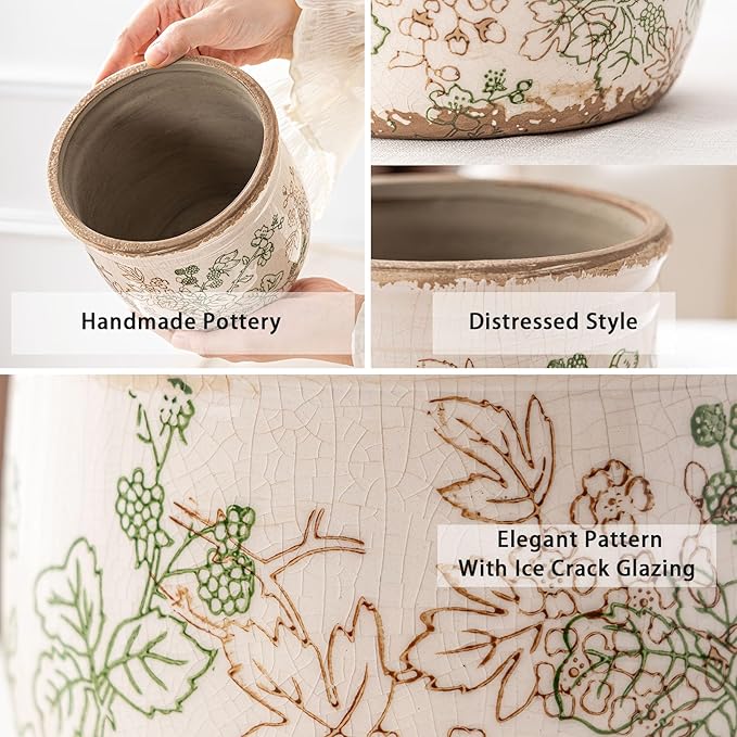 Set of 2 Ceramic Planters for Indoor Plants, 4.7+5.7 Inch Vintage Pots without Drainage Hole , Pastoral Rustic Planter Set, Decorative Ceramic Plant Pots for Flower, Indoor Planter Pots for Home Decor