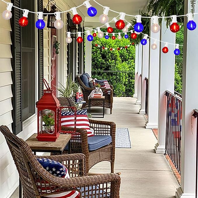 G40 LED Red White and Blue Lights, 27.8 FT 4th of July Lights Plug in with 25+3 Bulbs, Patriotic Decorations Outdoor String Light for Memorial Day Independence Day Patio Garden Backyard Bistro Decor