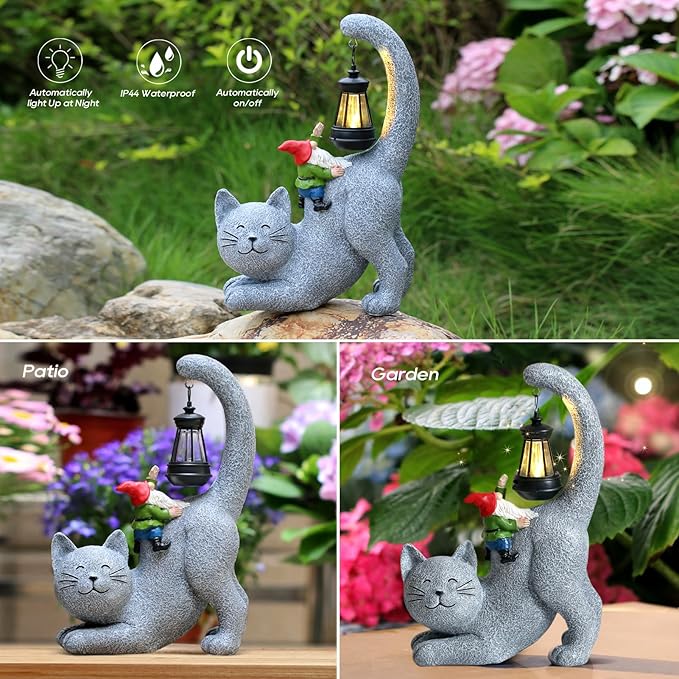 Cat Statue Garden Decor with Funny Gnome Figurine & Solar Lantern, Motherday Gifts for Mom,Birthday Gift for Women,Cat Statues for Garden,Patio,Yard Decoration, Gray, SR-C-003