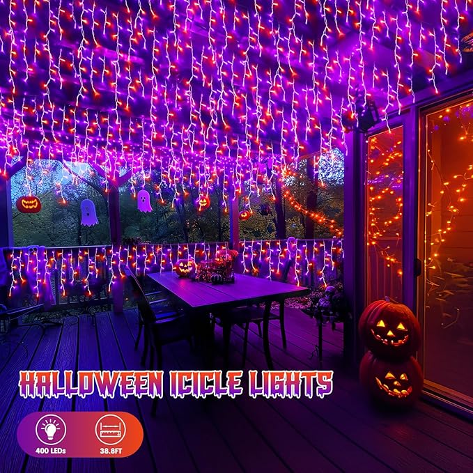 JMEXSUSS 400 LED Halloween Decor Orange and Purple Lights Outdoor, 8 Modes Orange Icicle Lights Indoor Outdoor Waterproof with Remote,Orange Halloween String Lights Plug in for Halloween Party Holiday