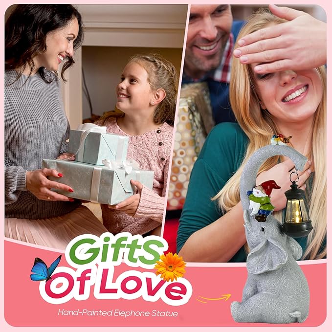 Elephant Statues Garden Decor - Lucky Elephant Outdoor Statues with Solar Powered Lantern, Elephant Statue Gifts for Women,Resin Yard Art for Outdoor & Home Decor(11" Elephant)