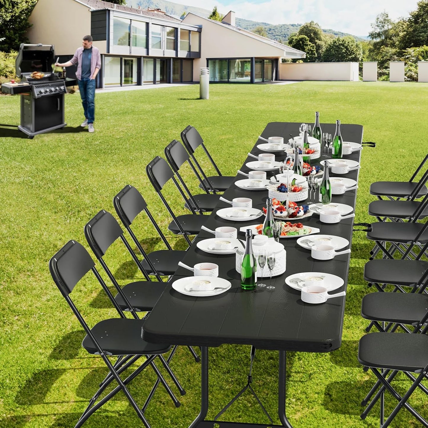 VINGLI 8 Foot Plastic Folding Table Portable Long Table for Indoor Outdoor Use Rectangular with Carrying Handle, Black