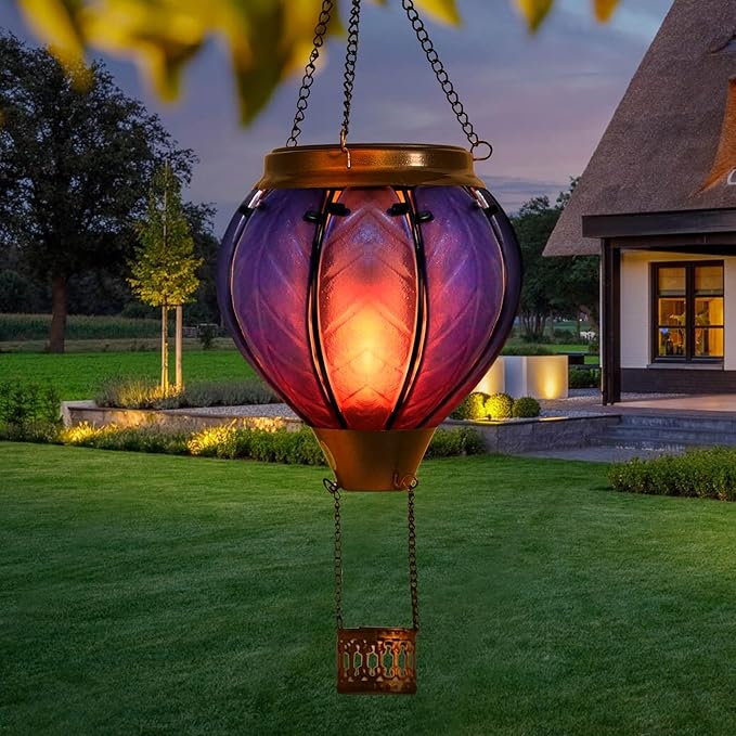 Hot Air Balloon Solar Lantern with Flickering Flame Hanging Solar Lights Outdoor Waterproof Lanterns for Garden Patio Yard Party Decoration Blue&Pink