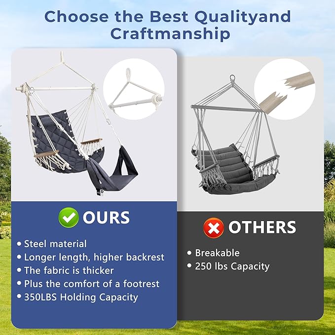 Patio Swing Chair with Adjustable Footrest & Headrest-Quilted Fabric&Steel Spreader Bar, Wooden Armrests for Porch/Garden;350lbs Capacity;Hardware kit Included Dark Grey