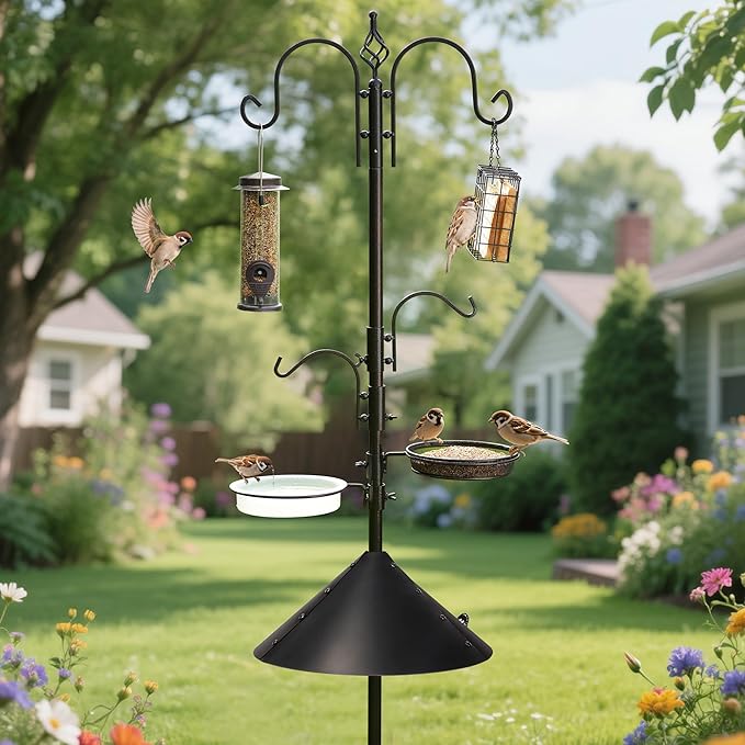 ERYTLLY Bird Feeders Bird Feeding Station Kit Bird Feeding Pole Wild Bird Feeder Hanging Kit with Squirrel Guard Baffle Suet Cage Tube Bird Feeder Planter Hanger Multi Feeder for Attracting Wild Birds