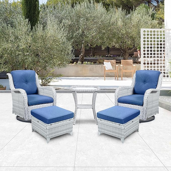 Outdoor Swivel Rocker Furniture 5 Pieces Patio Wicker Furniture Sets, Rattan Patio Swivel Glider Chairs with 2 Ottoman and Glass Side Table