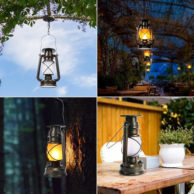 Toodour 2 Pack Hanging Solar Lantern Outdoor - Solar Vintage Lantern with Flickering Flame, 2 Modes Waterproof Solar Hanging Lights for Camping, Patio, Deck, Yard, Path, Outdoor Halloween Decorations