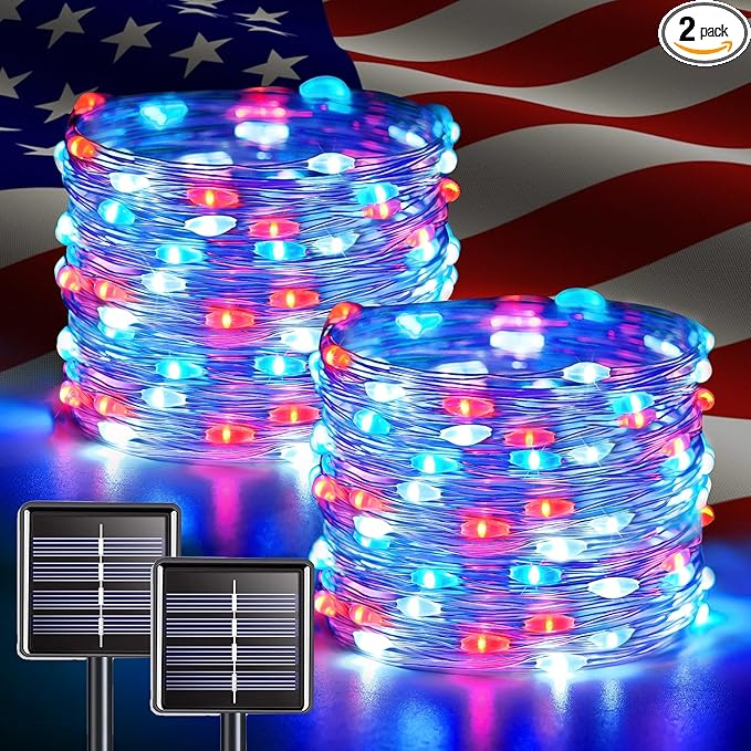 JMEXSUSS 2 Pack Red White and Blue Solar Lights, Each 100 LED 33FT Solar Fairy Lights Outdoor Waterproof, 4th of July Solar String Lights for Independence Day Outside Decorations