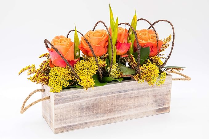 Wooden Planter Box with Handle, Rustic Whitewash, Plastic Liner l Garden Decor l Restaurant and Wedding Decorations l Table Centerpiece (12x4 w Handle Set of 4, Whitewash)