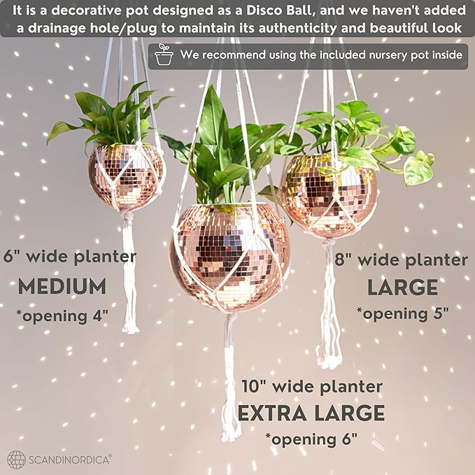 SCANDINORDICA Disco Ball Planter – Value Package: Mirror Disco Planter with Chain, Macrame Hanger and Acrylic Stand for Desk, Includes Self Watering Insert, Plant Gifts | 8 inch Rose Gold