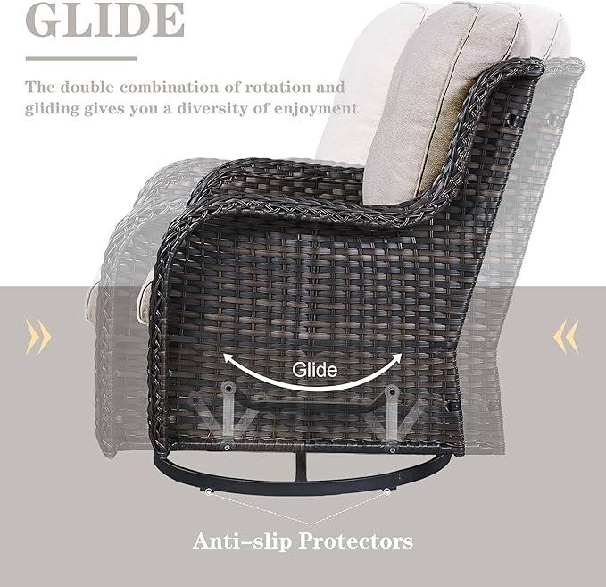 Outdoor Wicker Furniture Patio Set - 7 Piece Backyard Furniture Brown Rattan Conversation Sets with Swivel Rocker Chairs, Rattan Sofa, Club Chairs and Coffee Table, Beige Cushion