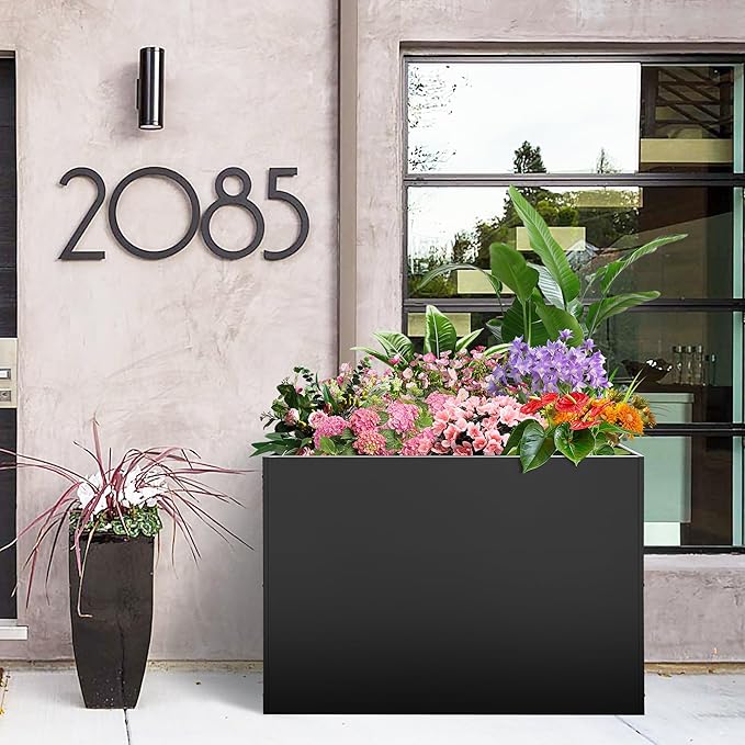 Metal Rectangular Planter Box, Large Planter Boxes Outdoor, 37''L x 13''W x 26''H Heavy Duty Plant Box with Removable Insert Shelf, 3 Tier Adjustable Height Tall Garden Planter for Plants, Flowers