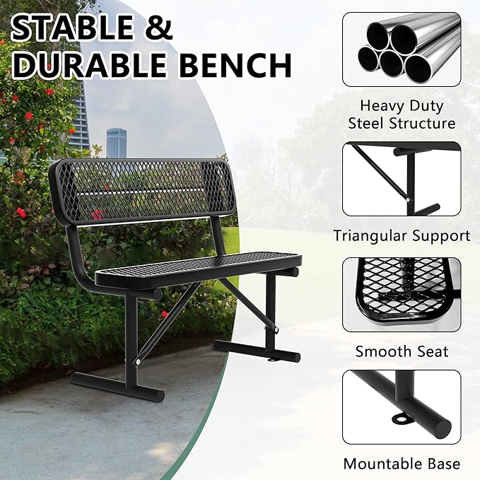 4 FT Heavy Duty Metal Park Bench with Back for Outside, Outdoor Black Bench with Backrest & Portable Frame, 1-3 Person Seat-Commercial Benches Garden Benches for Outdoors