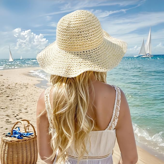 Floppy Big Beach Straw Hats for Women Foldable Summer Wide Brim Packable Sun Hat Womens Travel Straw Fedora Hat