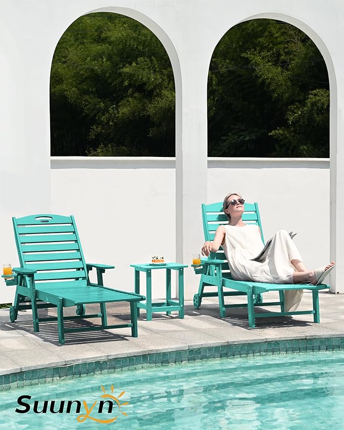 Lounge Chair Outdoor Set of 2, HDPE Chaise Lounge Chair Outdoor with 6-Position & Wheels &Cup Holder, Pool Lounge Chair for Pool Poolside Deck Backyard Patio, Lake Blue