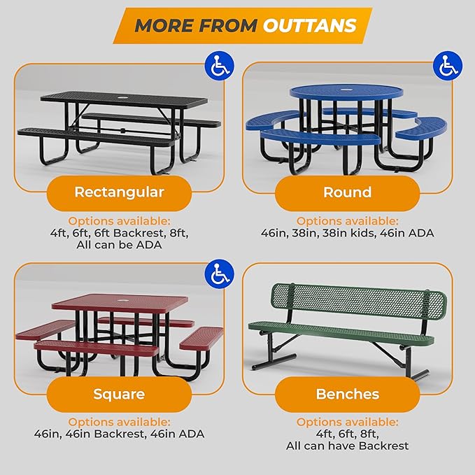 Metal Picnic Tables for Outdoors with Umbrella Hole - Coated Steel Heavy Duty Commercial Grade Table with Adjustable Seats (Brown, 46 in, Square, Expanded Steel)