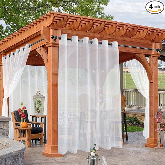 HolidayIdeas White Outdoor Sheer Curtains for Patio Waterproof, 4 Panels - 100 x 95 Inch - Extra Wide Voile Outside Curtains Light Filtering Grommet Drapes for Front Porch, Gazebo, Pergola, Backyard