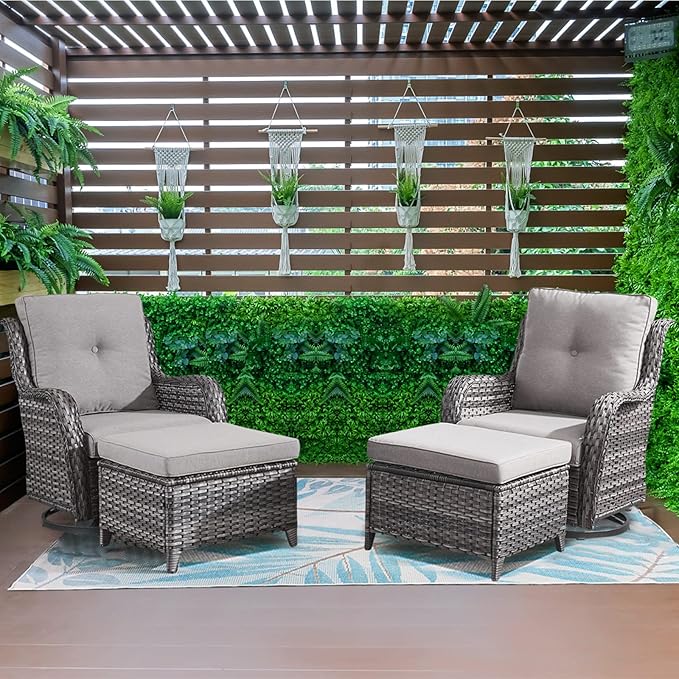 Wicker Outdoor Furniture Patio Furniture Set - 6 Piece Patio Conversation Set with Swivel Rocker Chairs, Loveseat Sofa, Ottomans and Coffee Table, Gray Cushion