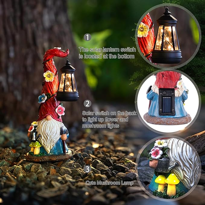 Solar Garden Statue Gnomes Figurine Lights, Dwarf Gardener with Long Hat Hanging Lantern, Outdoor Yard Decorations for Patio Porch Home, Garden Gifts for Women Mum
