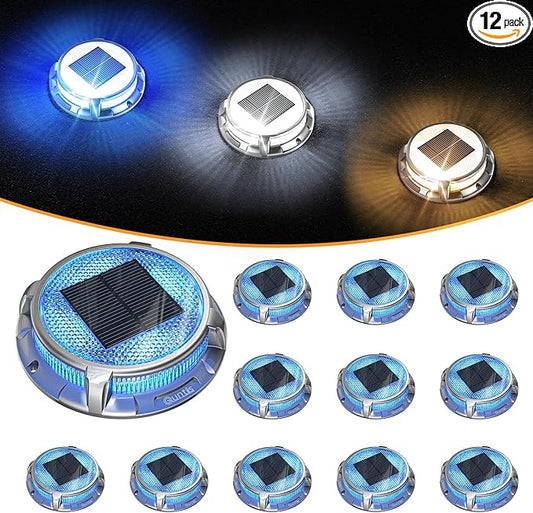 Quntis Solar Deck Lights Outdoor 12 Pack, 3 Color Modes Solar Driveway Lights IP68 Waterproof, Deck Light for Stair Pathway Pool Walkway Road (Blue/Cool White/Warm White)