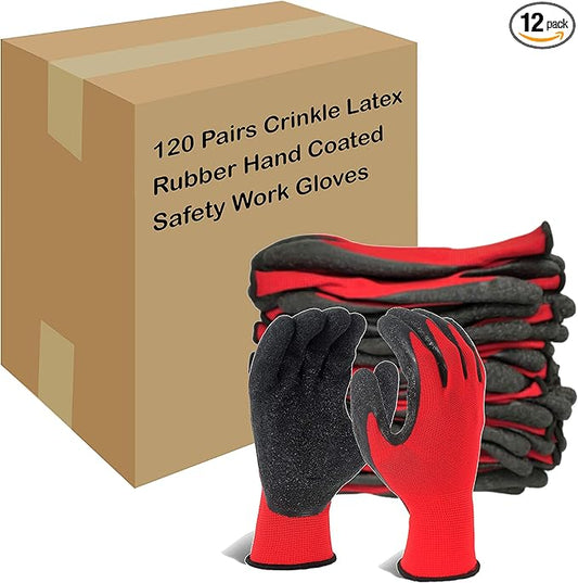 Evridwear Crinkle Latex Rubber Hand Coated Safety Work Gloves for Men Women General Multi Use Construction Warehouse Gardening Assembly Landscaping (L-Size) Red 120 Pairs Pack