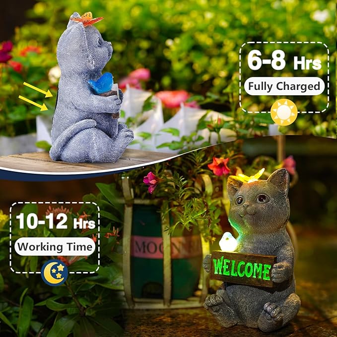 Solar Cat Figurine Garden Statues : Outside Welcome Cat Statue with Butterfly for Garden Decor and Yard Decorations - Unique Gifts for Women and Mom