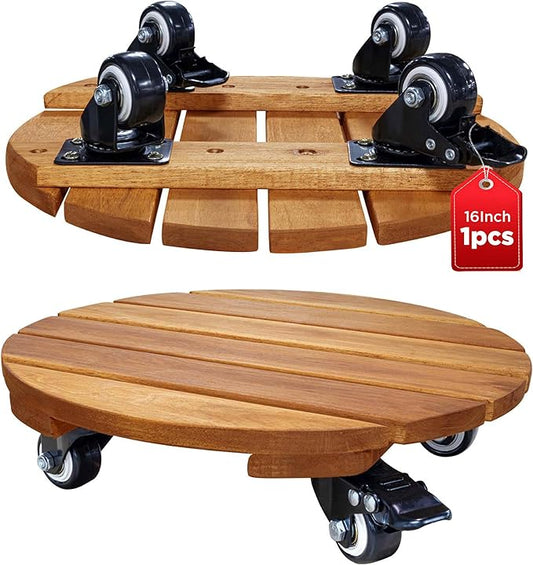 Idzo 16inches Capacity 500lbs Wood Plant Caddy With Wheels Heavy Duty, Acacia Hardwood Plant Dolly, Plant Stand with 360° Lockable Wheels for Plant Pots, Heavy Objects Hauling - Natural Wood