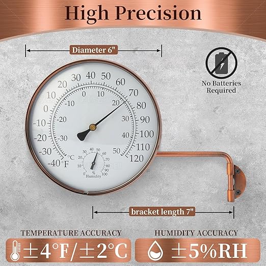 6-Inch Outdoor Thermometer for Patio. Accurate Window Thermometer for Outside Temperature, Greenhouse, Garage.Solid Brass Swivel with Humidity (6inch Thermo&Hygrometer)