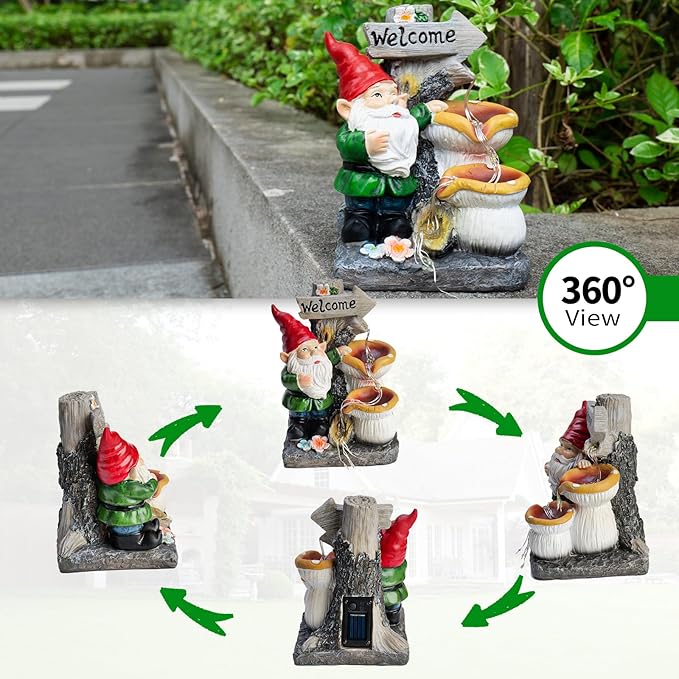 mopha Garden Gnomes Statues Outdoor Decor with Flowing Water Solar Lights Resin Figurines Outside Decoration for Patio Yard Lawn Porch Ornaments Clearance Gardening Gift